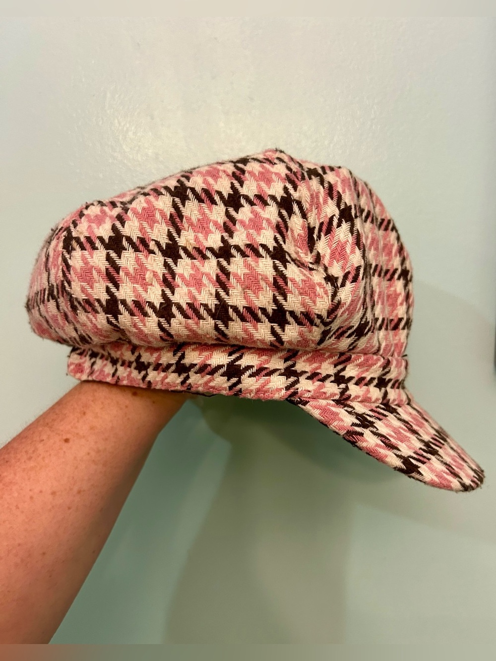 Women's VTG Pink Brown Houndstooth Newsboy Hat Cap Y2K Plaid